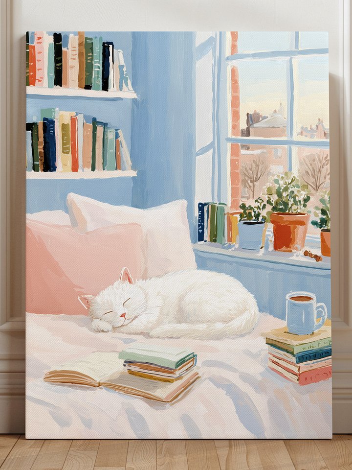 Cozy White Cat Reading Nook Art Print product image (1)