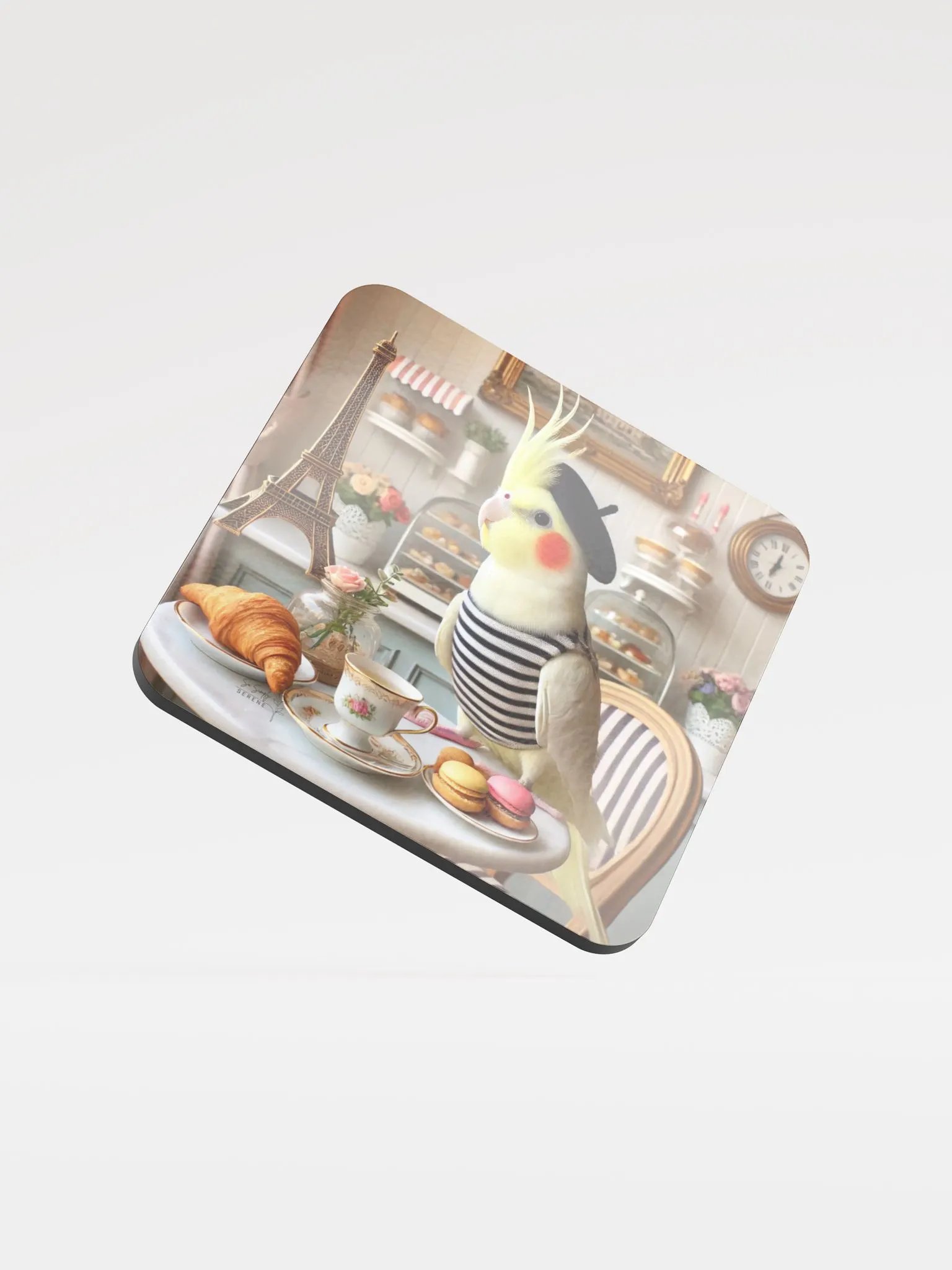 Perch & Sip – Glossed Cork Coaster with Parakeet Art 4 product image (1)