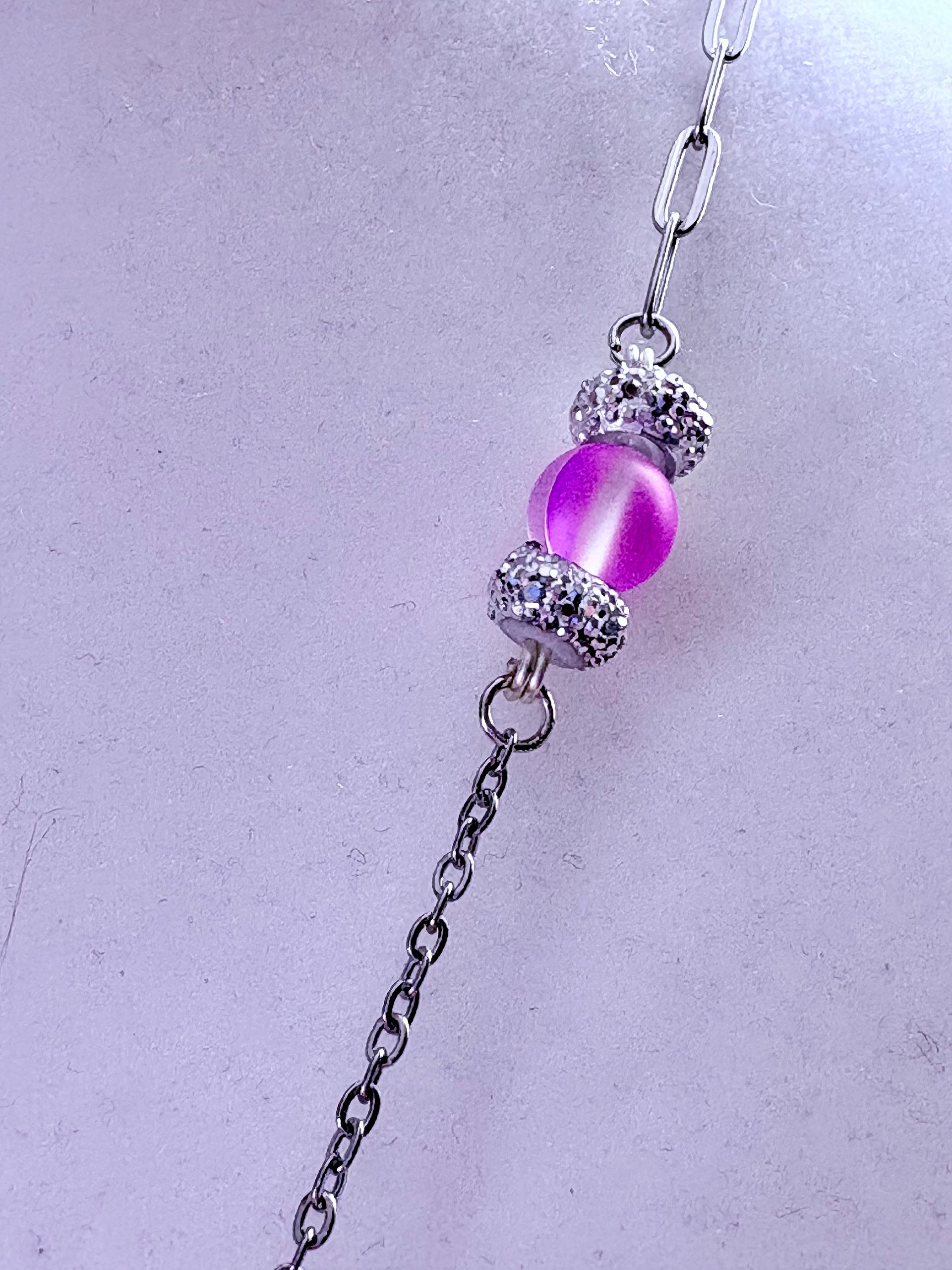 MFD-00269 | Pink Glass Crytal Pendant Necklace with Stainless Steel Link Chain and Paperclip Chain | October Birthstone Inspired | Handmade Jewelry by Monique Faella Designs™ product image (5)