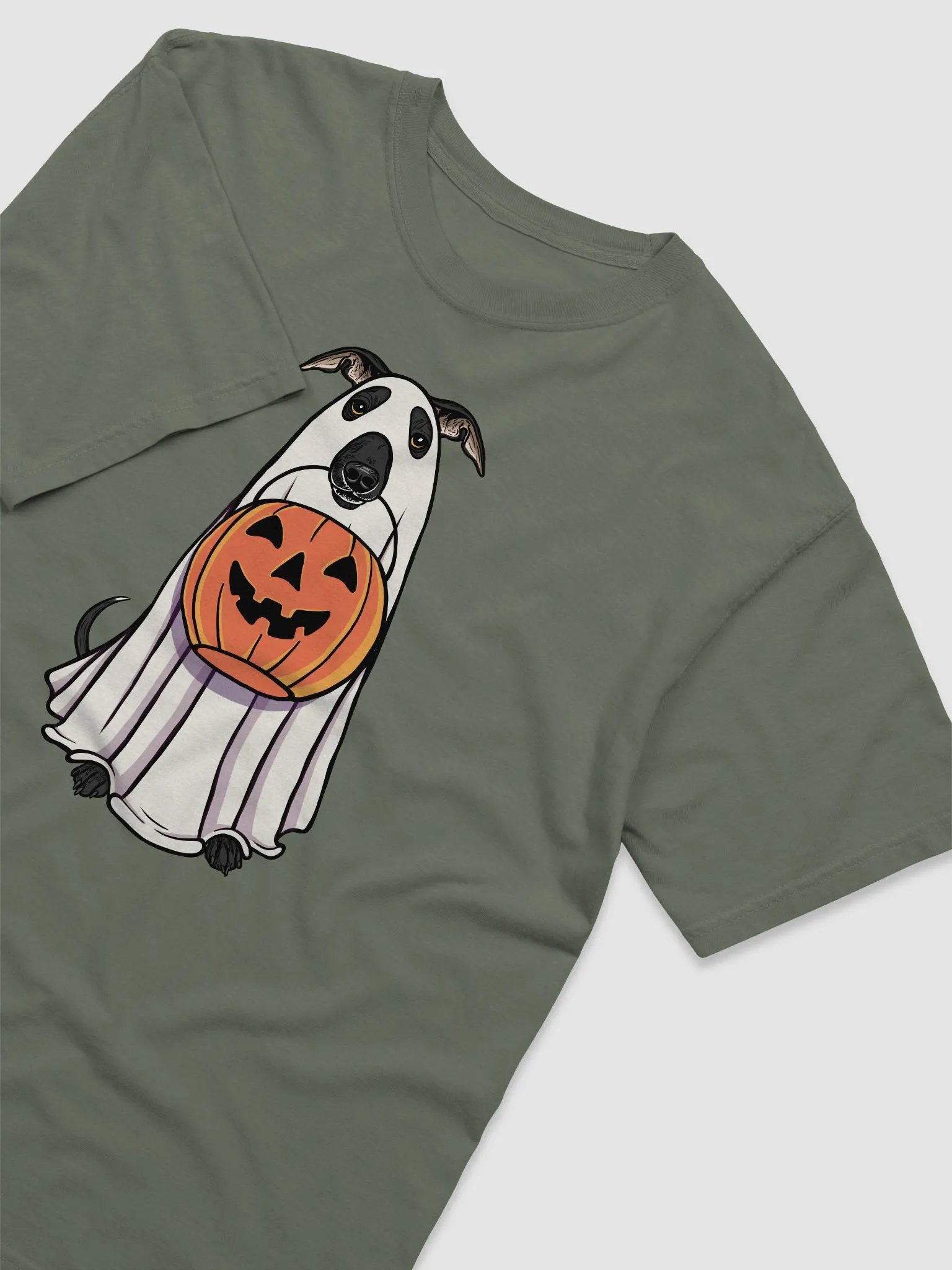 Funny Halloween Italian Greyhound(Black) T-Shirt | Funny Iggy Wearing a Ghost Costume and Holding a Pumpkin Basket product image (6)