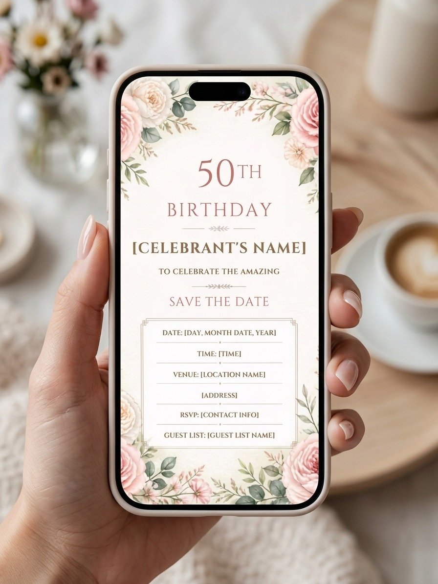 Floral 50th Birthday Invitation Template, Editable Milestone Invite, Printable Garden Party, Canva Instant Download Digital product image (3)