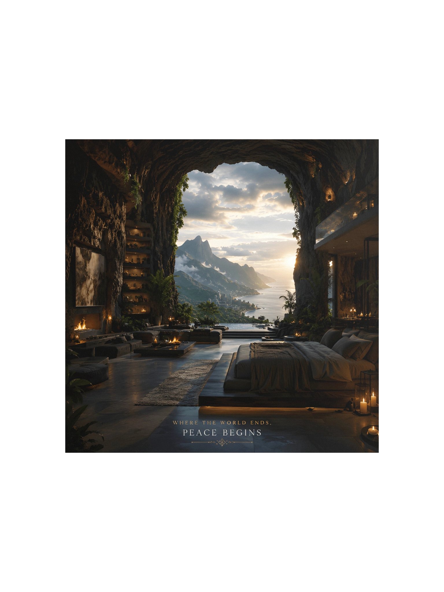 Futuristic Cave House Wall Art, Mountain Ocean Sanctuary Poster, Peace Begins Luxury Decor product image (2)