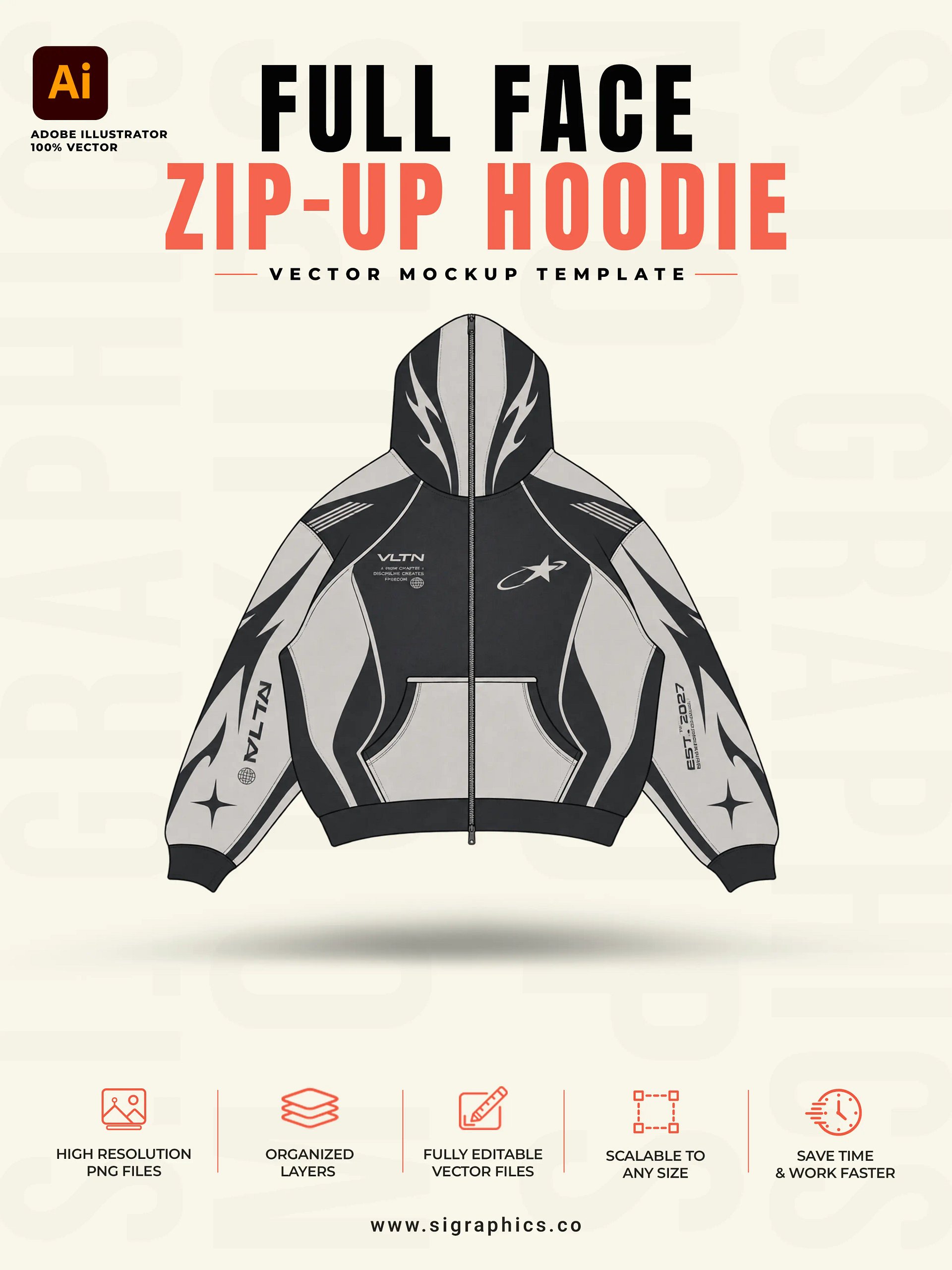 Full Face Zip-Up Hoodie Vector Mockup Template – Front & Back Flats product image (1)
