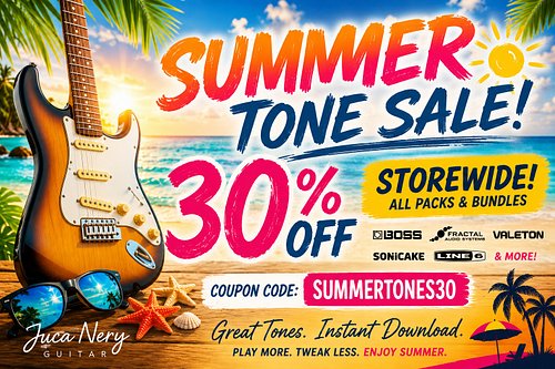 Summer Tone Sale is live! ☀️🎸

Get 30% OFF storewide with code:

SUMMERTONES30

Shop here:

https://jucaneryguitar.com/shop/