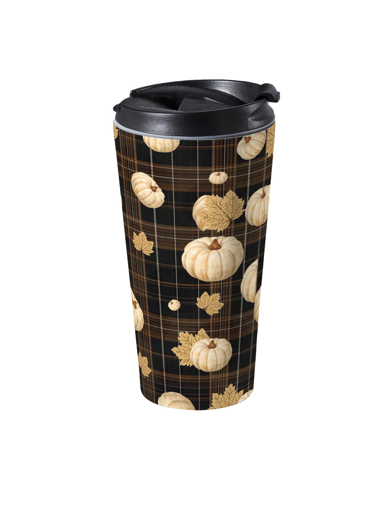 Elegant Black Tartan and Creame Pumpkins Plaid SS Travel Mug product image (2)
