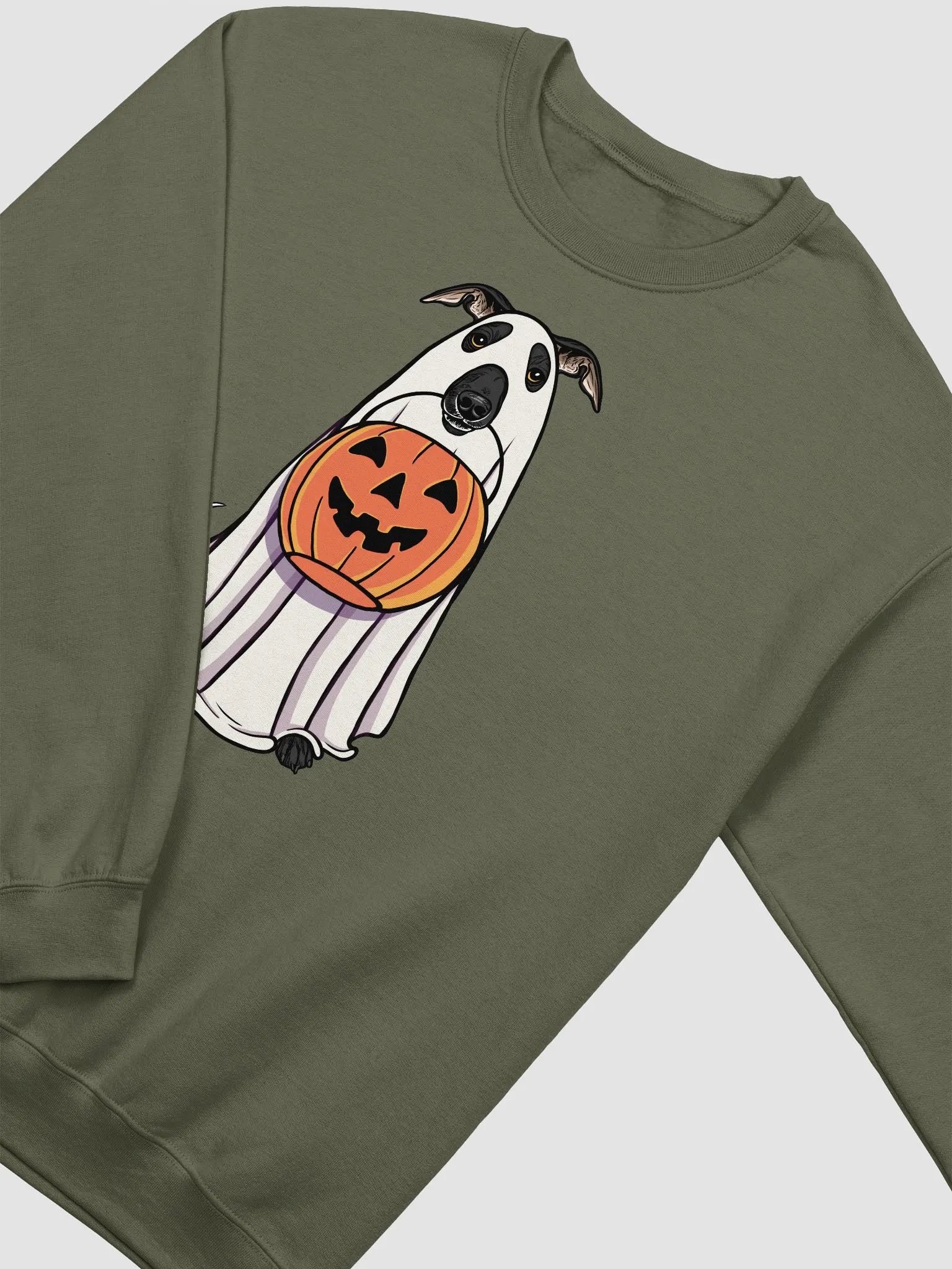 Funny Halloween Italian Greyhound(Black) Sweatshirt | Funny Iggy Wearing a Ghost Costume and Holding a Pumpkin Basket product image (4)