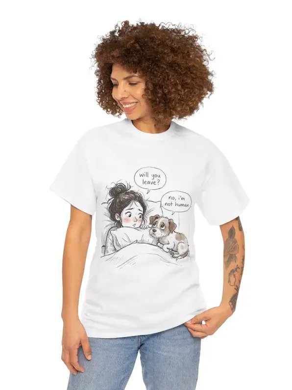 girl and puppy illustration Tee | comic speech bubble "no, I'm not human" product image (117)