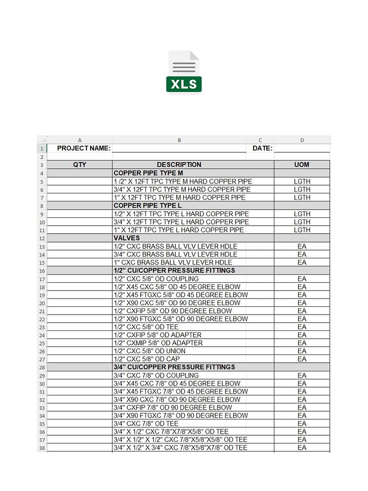 Domestic Water CU BOM MS Excel Template No. 1 product image (1)