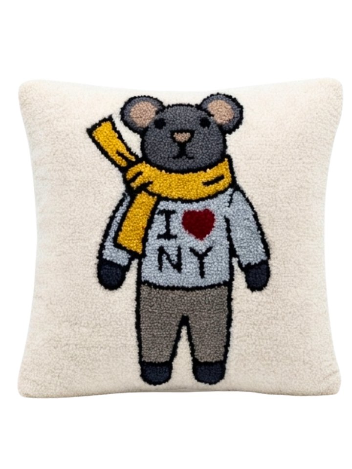 I ❤️ NY Mouse Pillow 14x14" | Hand-Hooked NYC Sherpa Pillow with Velvet Back product image (1)