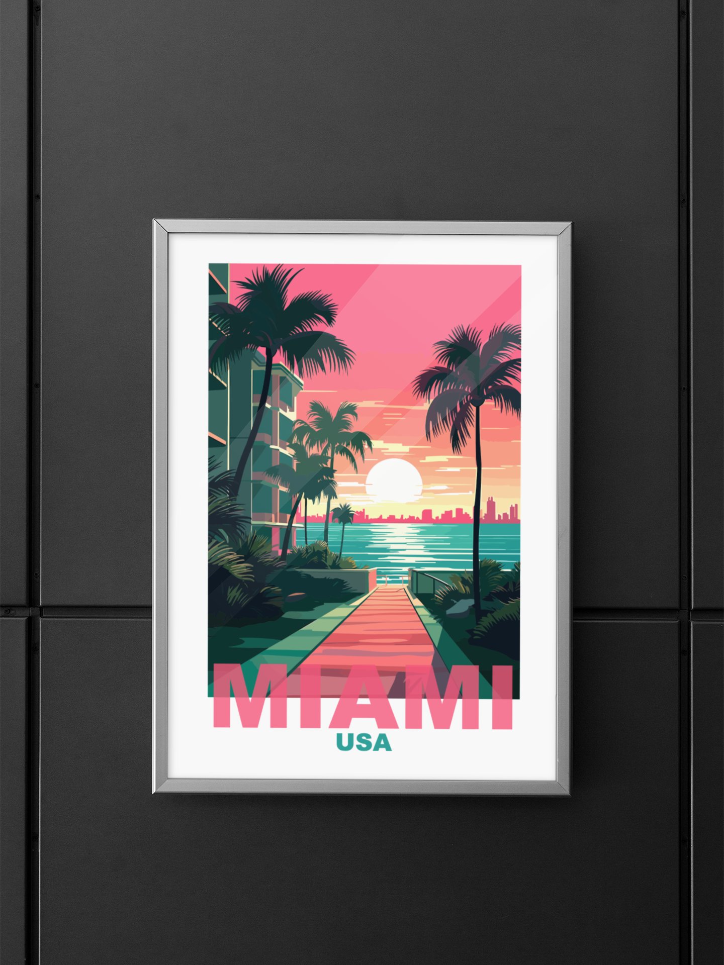 Tropical Sunset in Miami Art Print, Vibrant Beachside Palm Trees Poster, Retro Styled Miami USA Skyline, Coastal Wall Decor, Gift Idea product image (5)