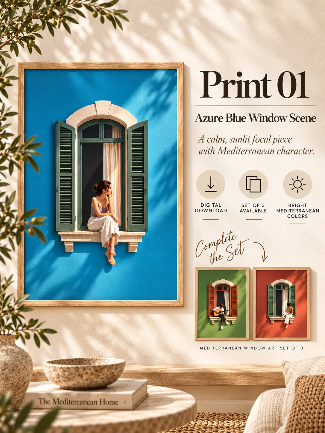 Mediterranean Window Wall Art Set of 3, Colorful Figurative Prints, Italian Coastal Decor, Sunlit Woman Guitar Printable product image (3)