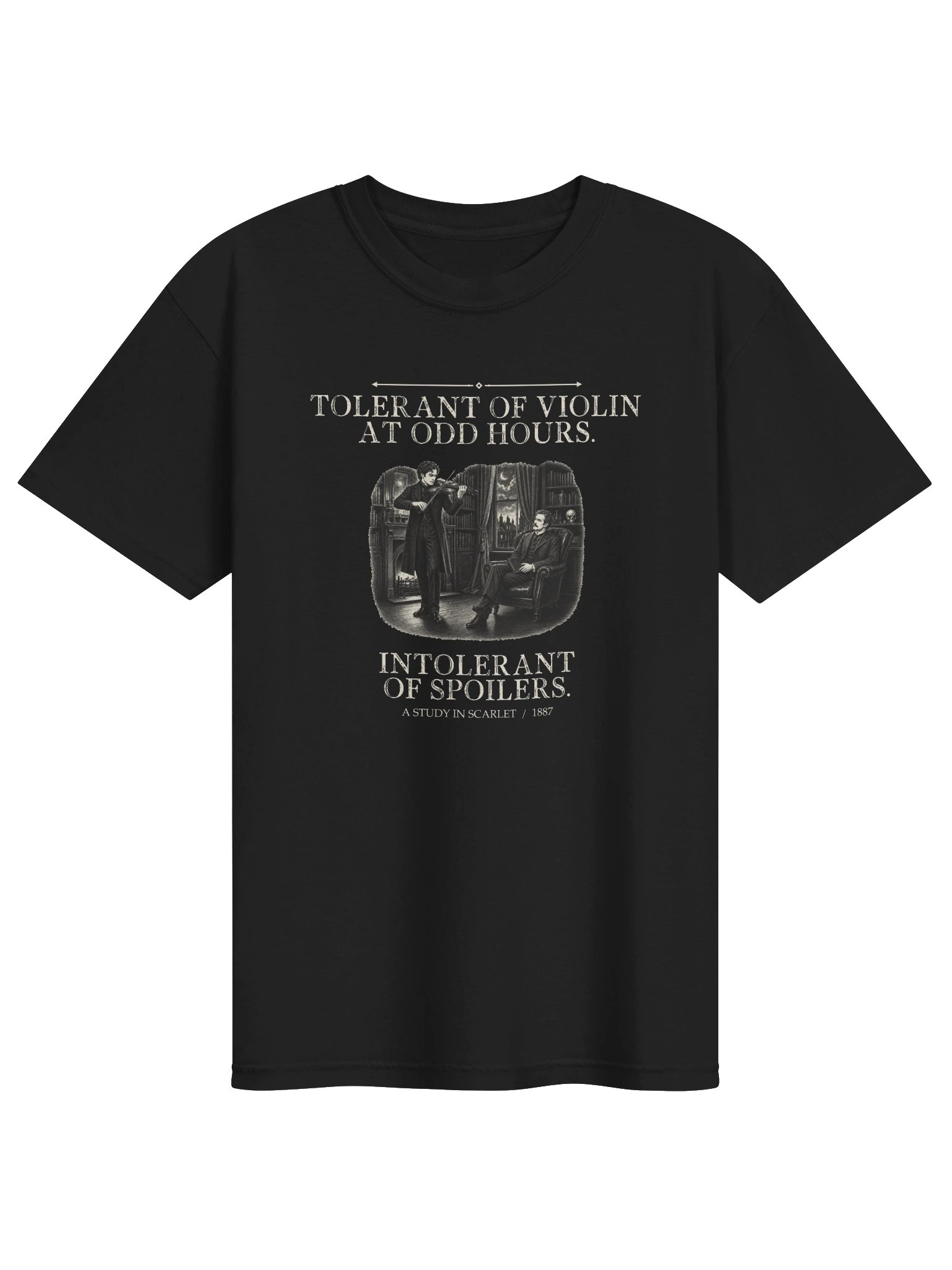 Tolerant Violin At Odd Hours Intolerant Spoilers -- A Study in Scarlet Tee (Dark) product image (1)
