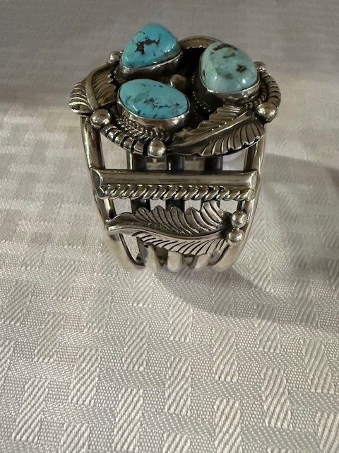 Artisan 3-Stone Dry Creek Turquoise Leaf & Vine Statement Cuff product image (2)