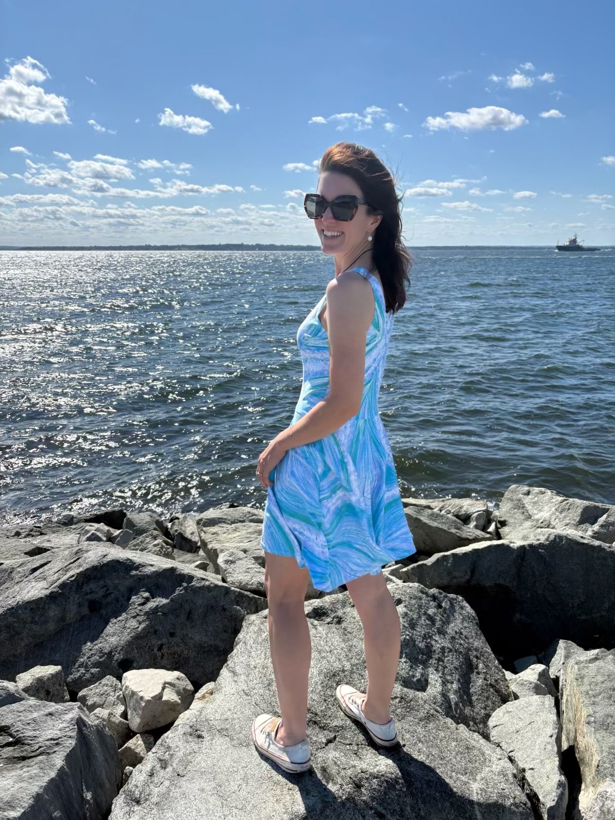 Bright Cyan Starfish Skater Dress | Ocean-Inspired Sleeveless Fit & Flare Dress | Monique Faella Designs™ product image (4)