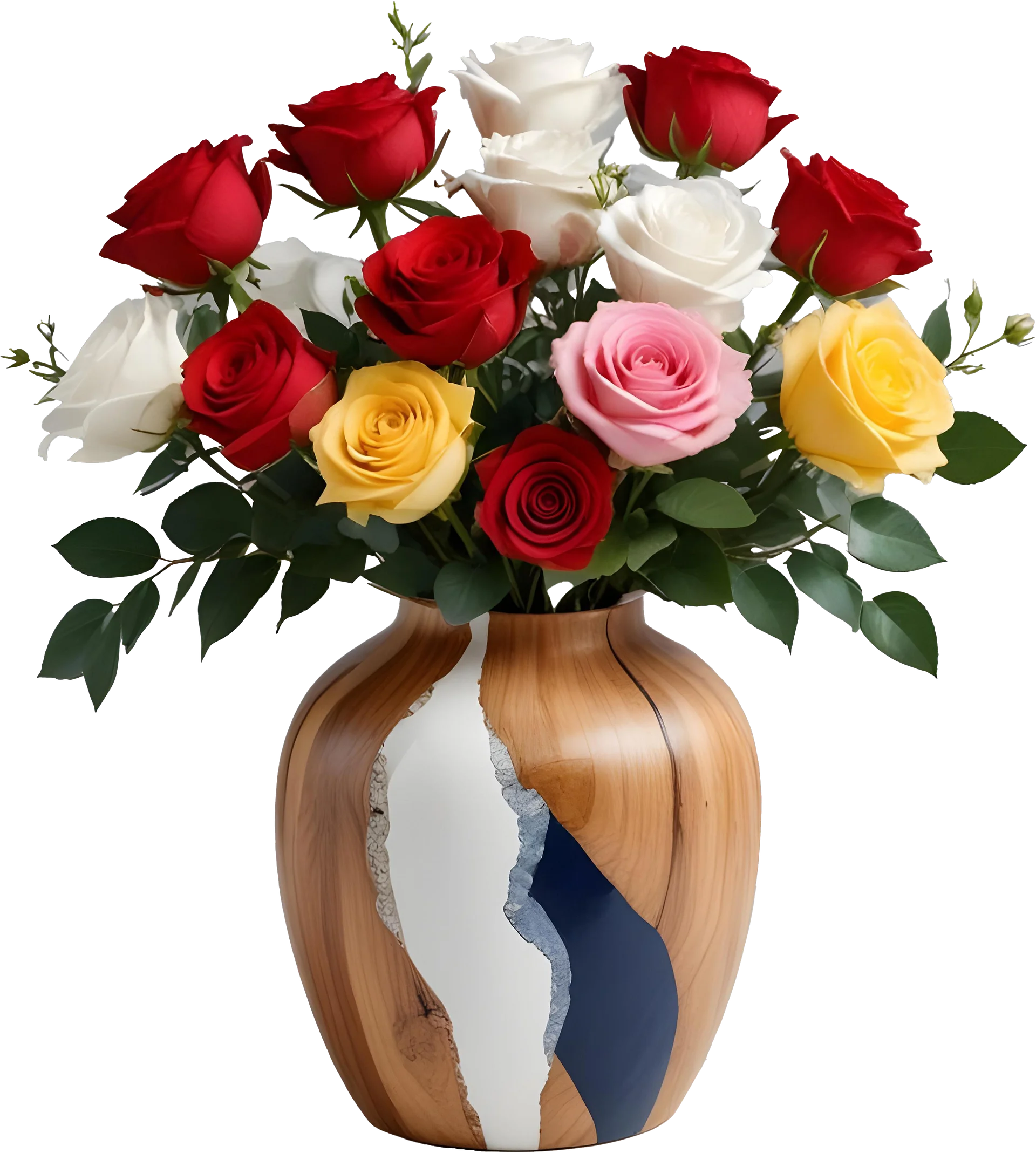 Wood and Navy Cracked Resin Vase with Multicolor Roses PNG product image (1)