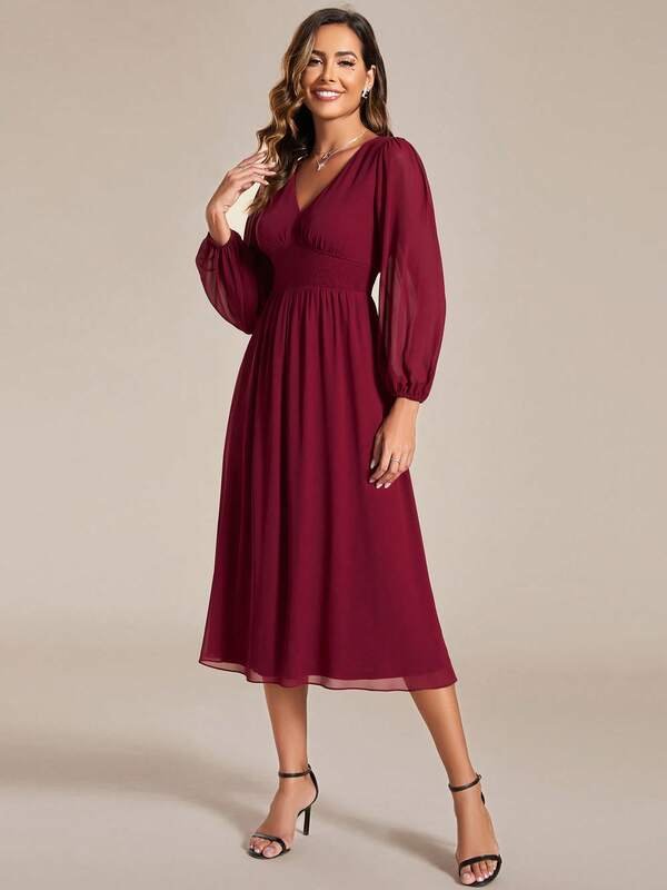 ADLEST Elegant Ruffle Long Sleeve Waist Cinched Chiffon Bridesmaid Dress/Wedding Guest Dress product image (1)