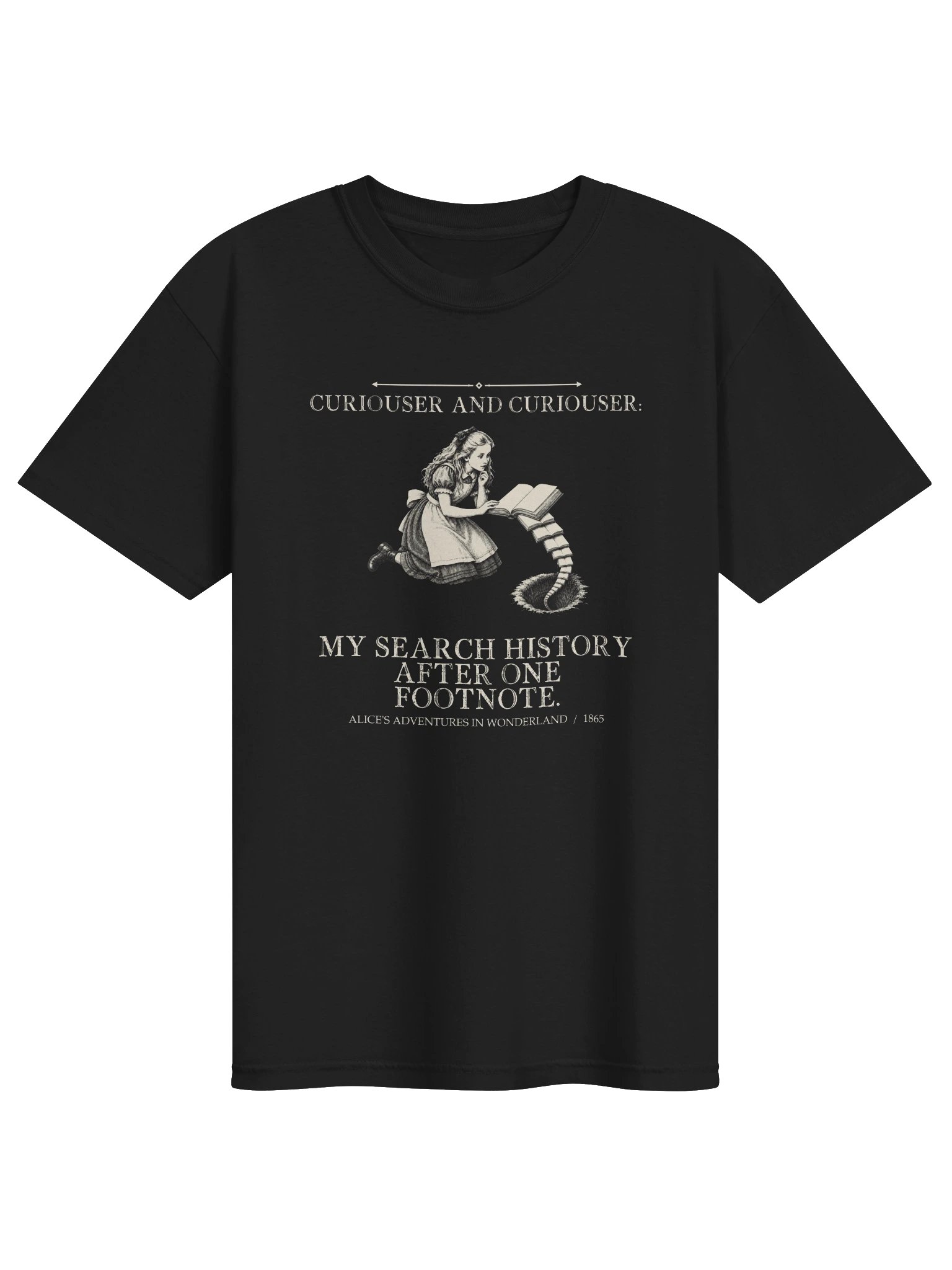 Curiouser Curiouser Search History After One Footnote -- Alices Adventures in Wonderland Tee (Dark) product image (1)