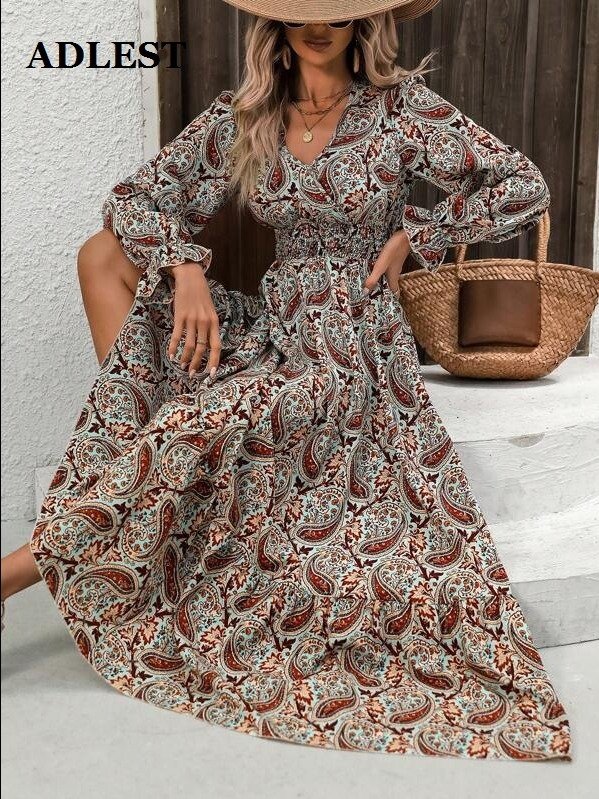 ADLEST | Breezaya Floral Print Flounce Sleeve Ruffle Hem Dress Maxi Women Outfit Fall Cloth For Women product image (6)