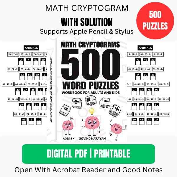 500 Math Cryptograms Word Puzzles Workbook for Adults and Kids | Ebook | Printable PDF product image (1)