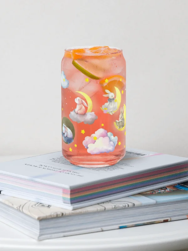 Bunny on the Moon Glass Sipper Can with Bamboo Lid & Straw – 16 oz | Whimsical Rabbit-Themed Can Glass | Cute Moon & Stars Design | Perfect for Iced Coffee, Smoothies, and More product image (5)