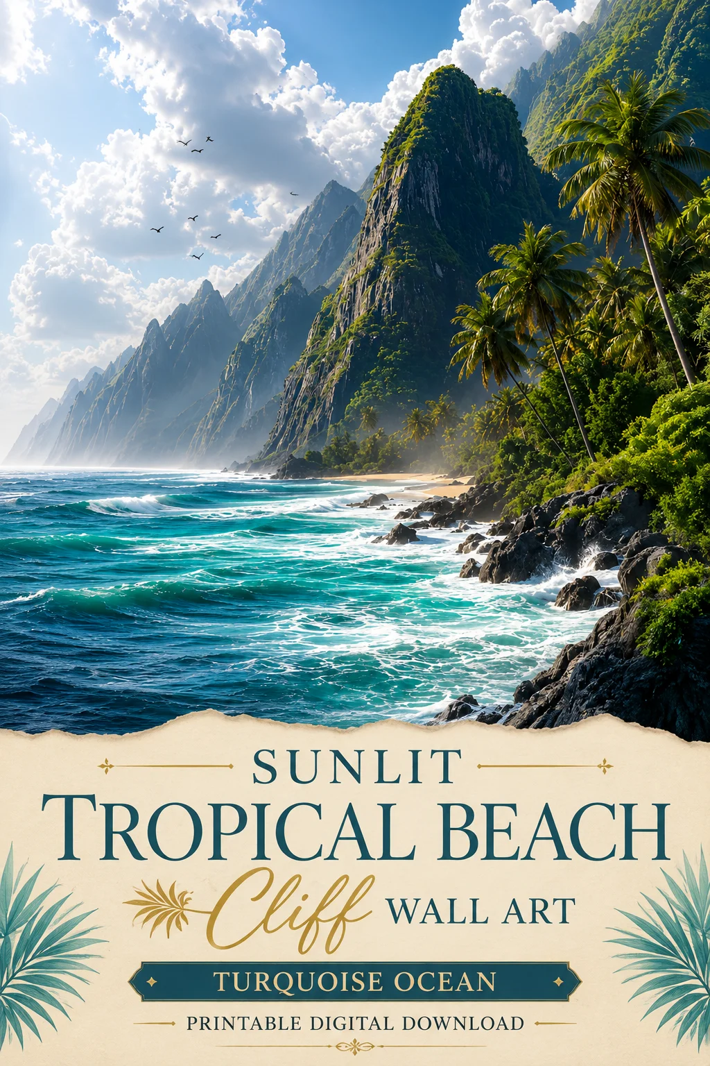 Sunlit Tropical Beach Cliff Wall Art | Turquoise Ocean Printable Digital Download product image (1)