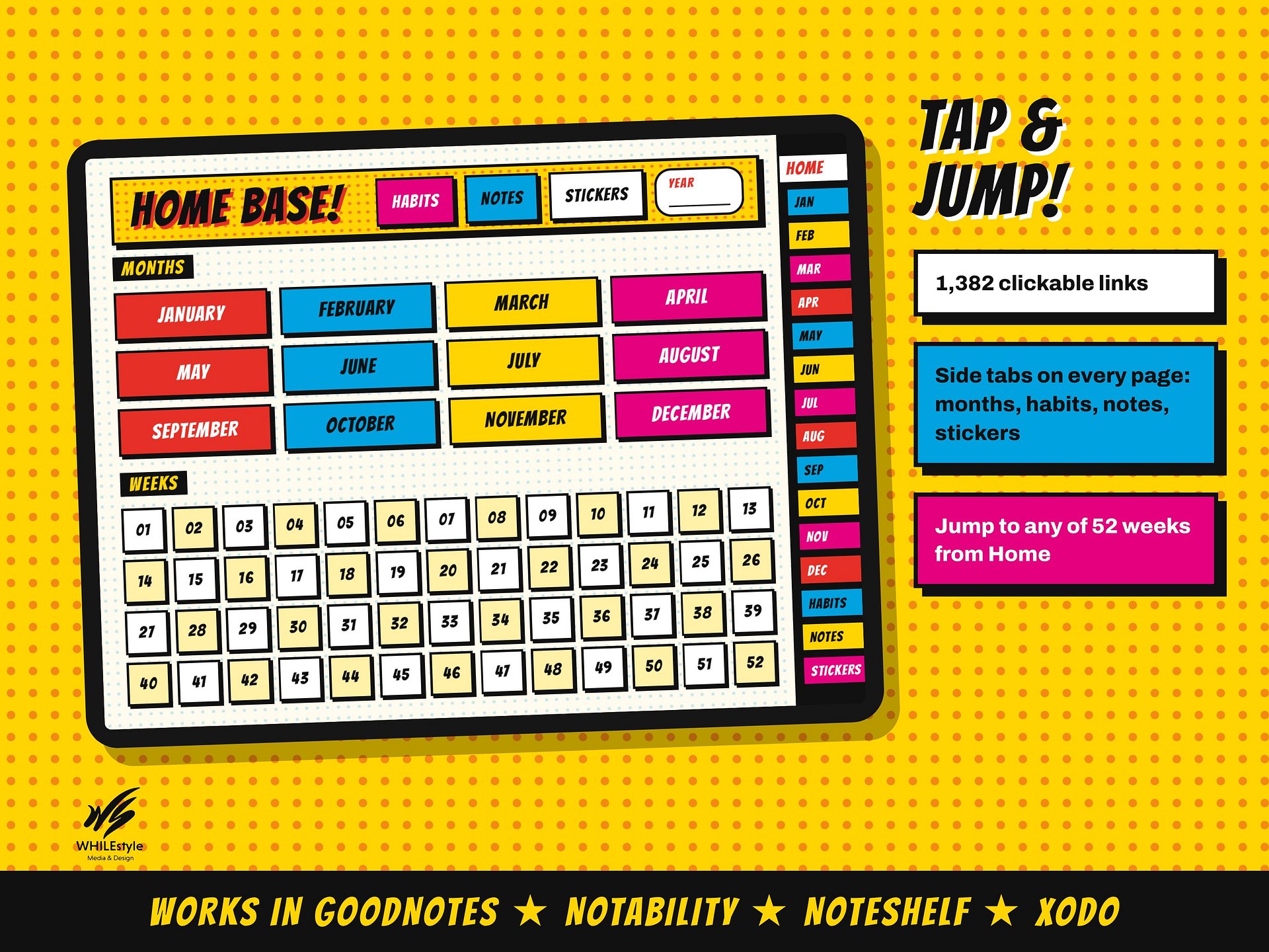 Undated Digital Planner | Hyperlinked GoodNotes Planner, Pop Art Retro Style | iPad Yearly, Monthly & Weekly Planner + 39 Stickers product image (4)