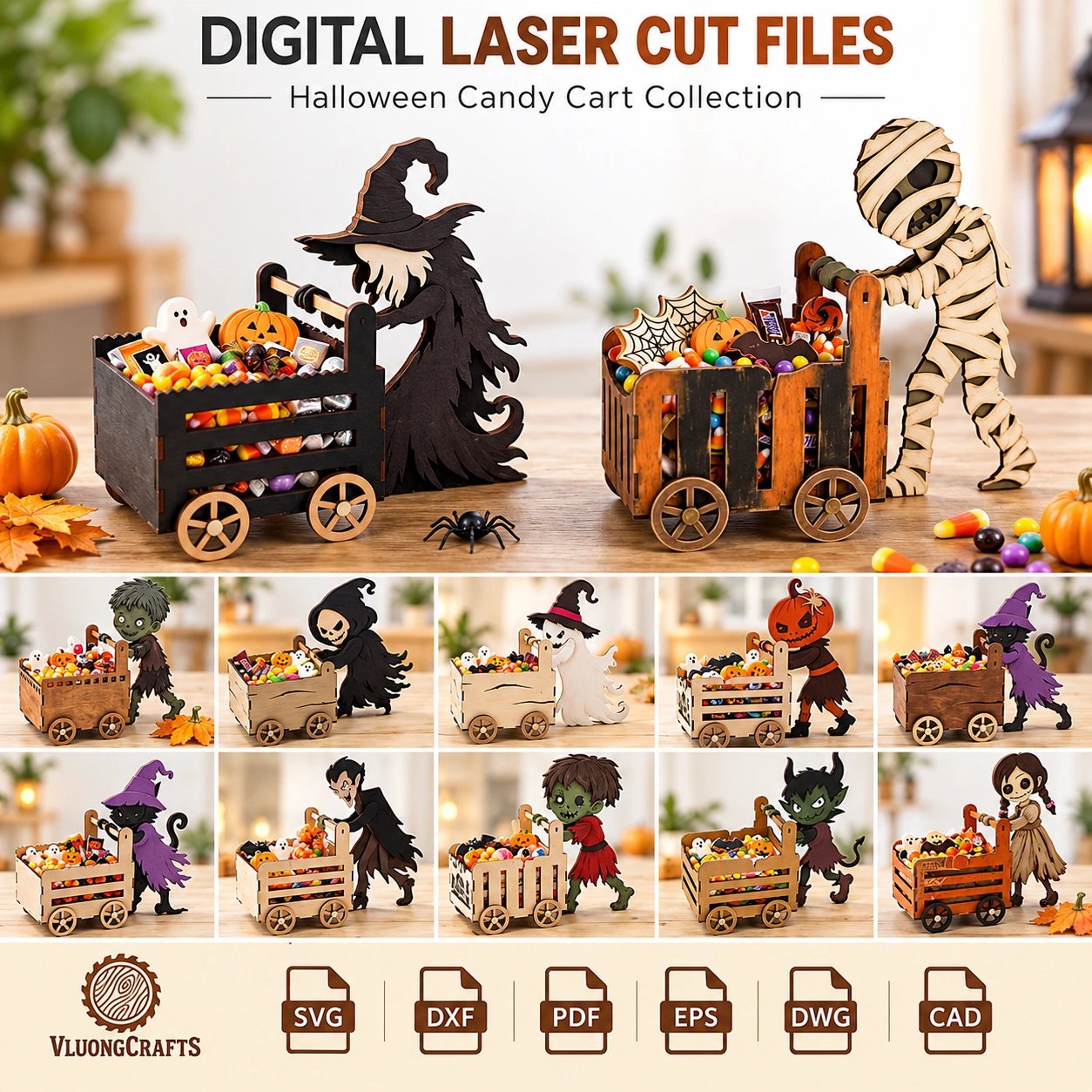 3D Halloween Candy Box SVG Bundle – Spooky Treat Cart Laser Cut Files for Glowforge & Woodworking product image (1)