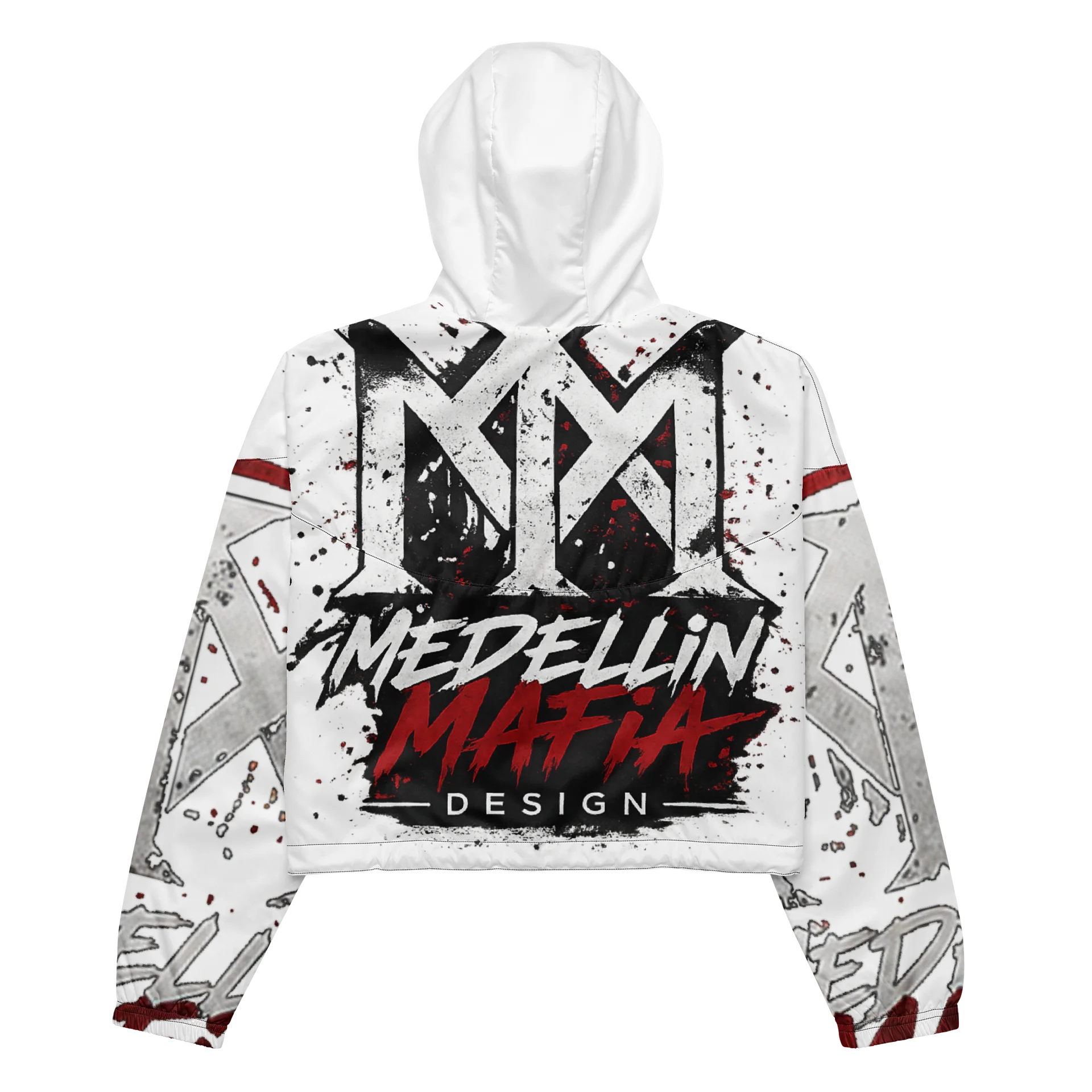 Medellin Mafia Design Women’s Cropped Windbreaker Hoodie – White Red Black Graffiti Streetwear Jacket product image (6)