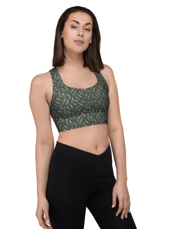 All-Over print recycled longline sports bra with lavender pattern on green background product image (1)
