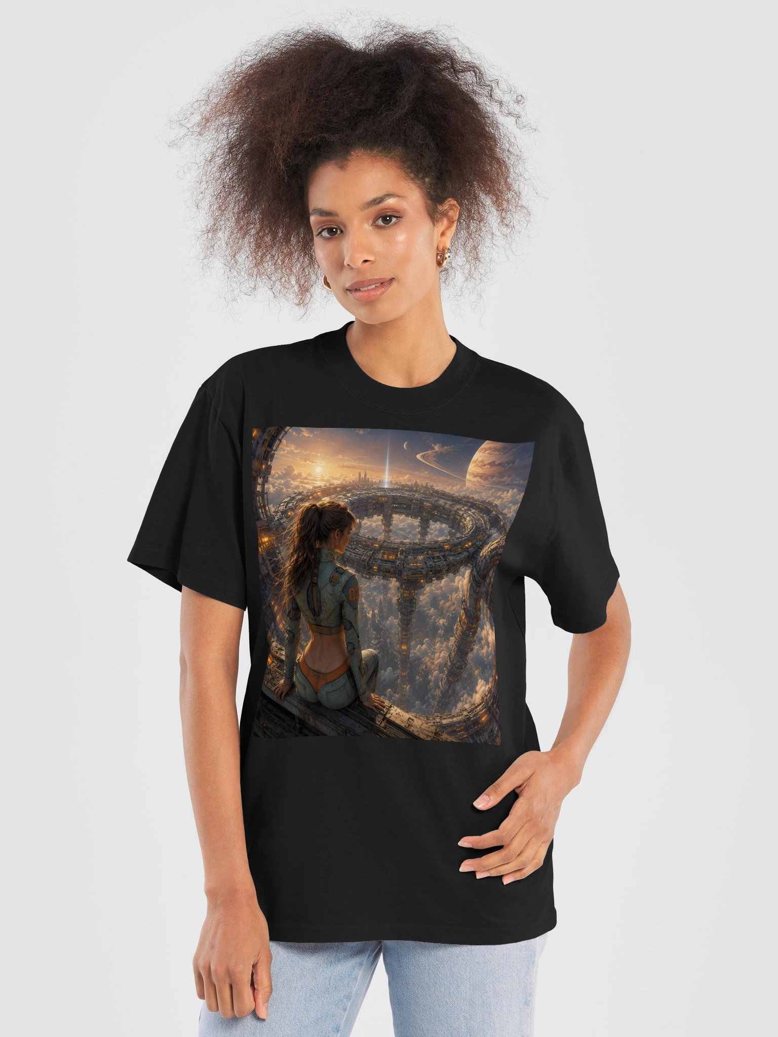 Futuristic Space Station Sci-Fi Graphic | Cosmic Cyberpunk Oversized T-Shirt product image (5)