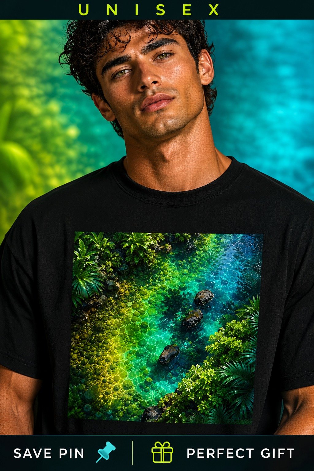 Turquoise Jungle River T-Shirt | Lime Green & Teal Tropical Nature Graphic Tee | Unisex Oversized Shirt product image (1)