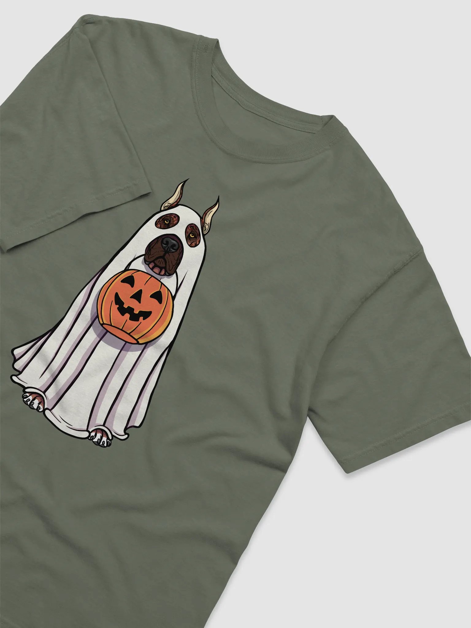 Funny Halloween Great Dane(Cropped Ears, Brindle) T-Shirt | Funny Great Dane Wearing a Ghost Costume and Holding a Pumpkin Basket product image (6)