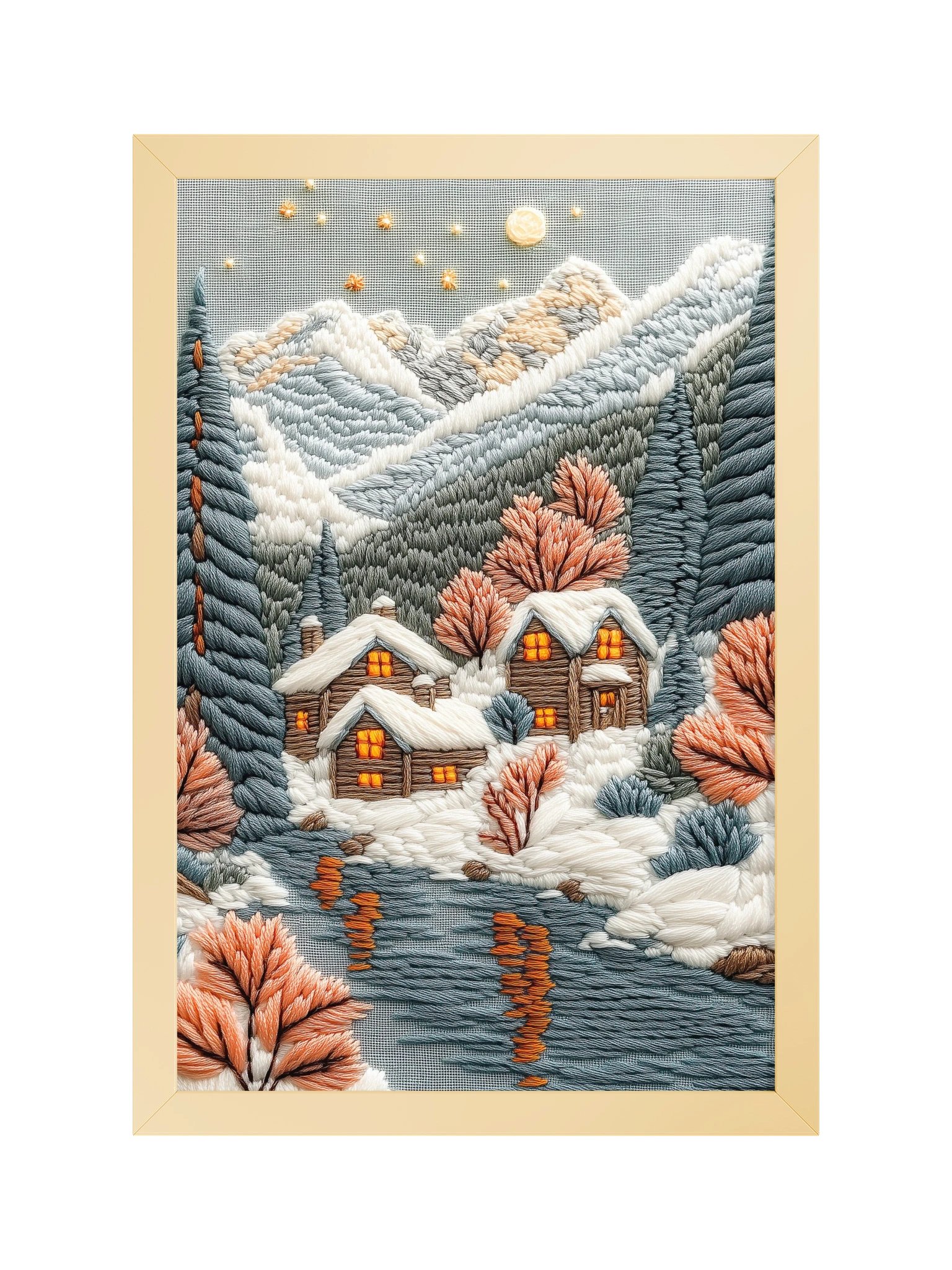 A Winter Hideaway in Norway | Embroidery-Style Wall Art — Framed Print product image (9)