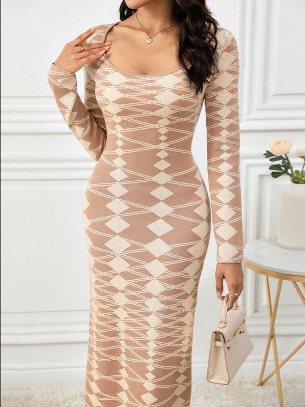 Modelyn 1pc Women Scoop Neck Geometric Print Elegant Long Sleeve Sweater Dress product image (4)
