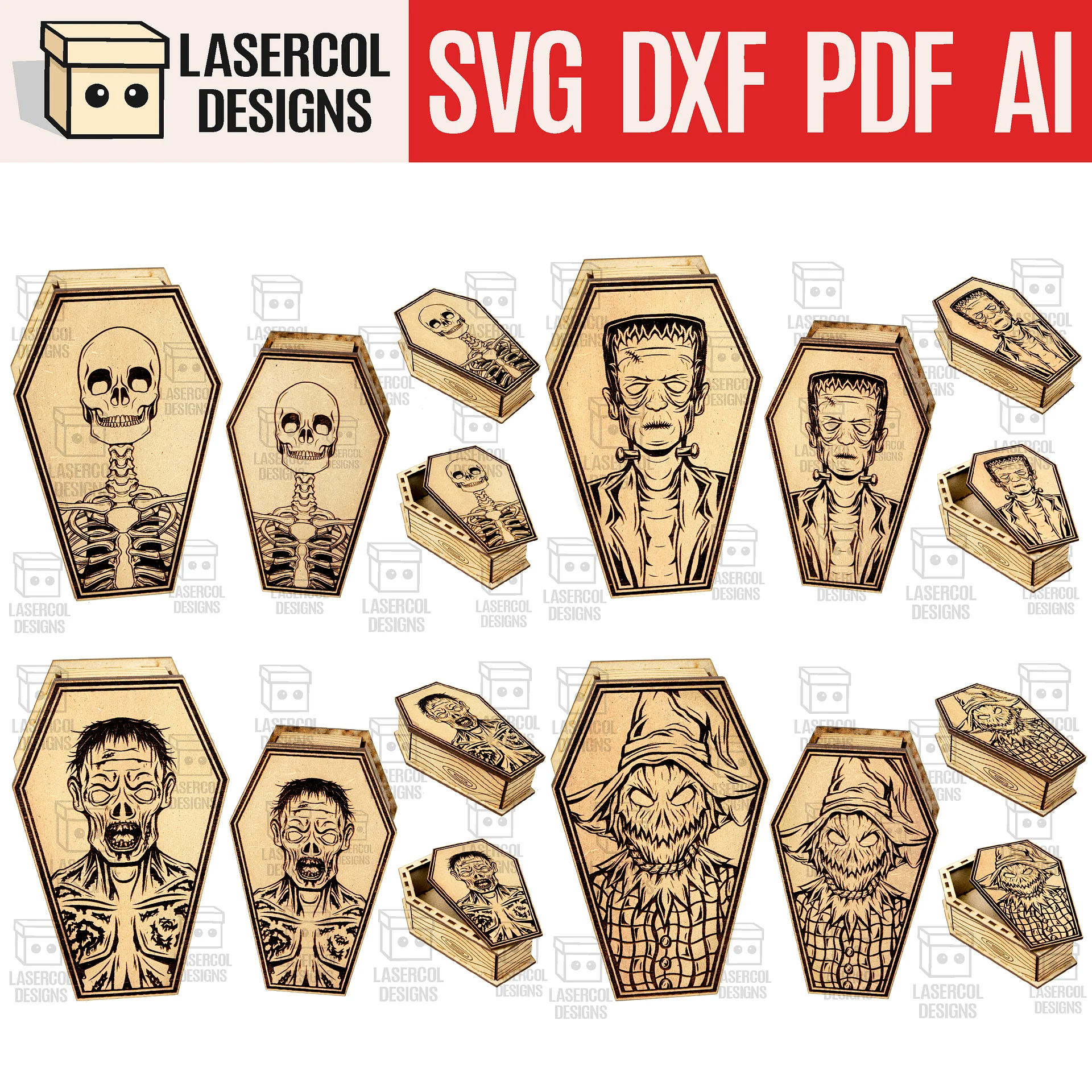 Halloween Coffin Boxes Bundle (Set 1-2-3-4) - (2 Sizes) - Laser Cut Files product image (1)