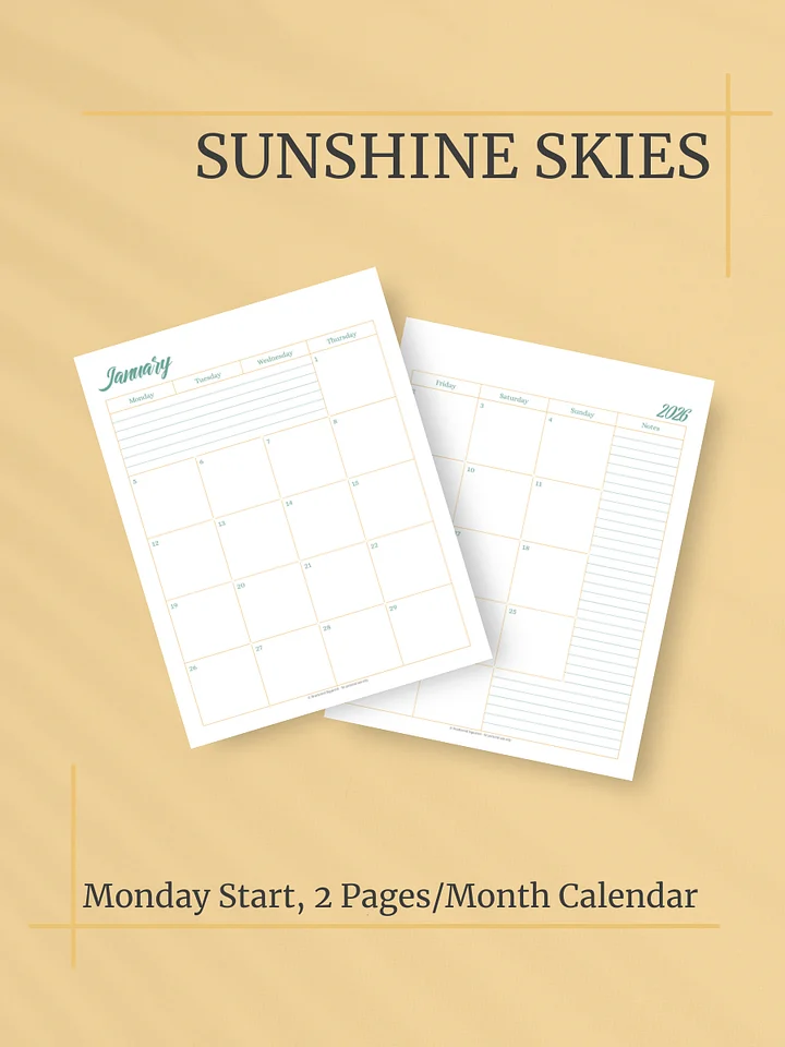Sunshine Skies 2026 Calendar - 2 Pages per Month, Monday Start, Letter Size product image (1)