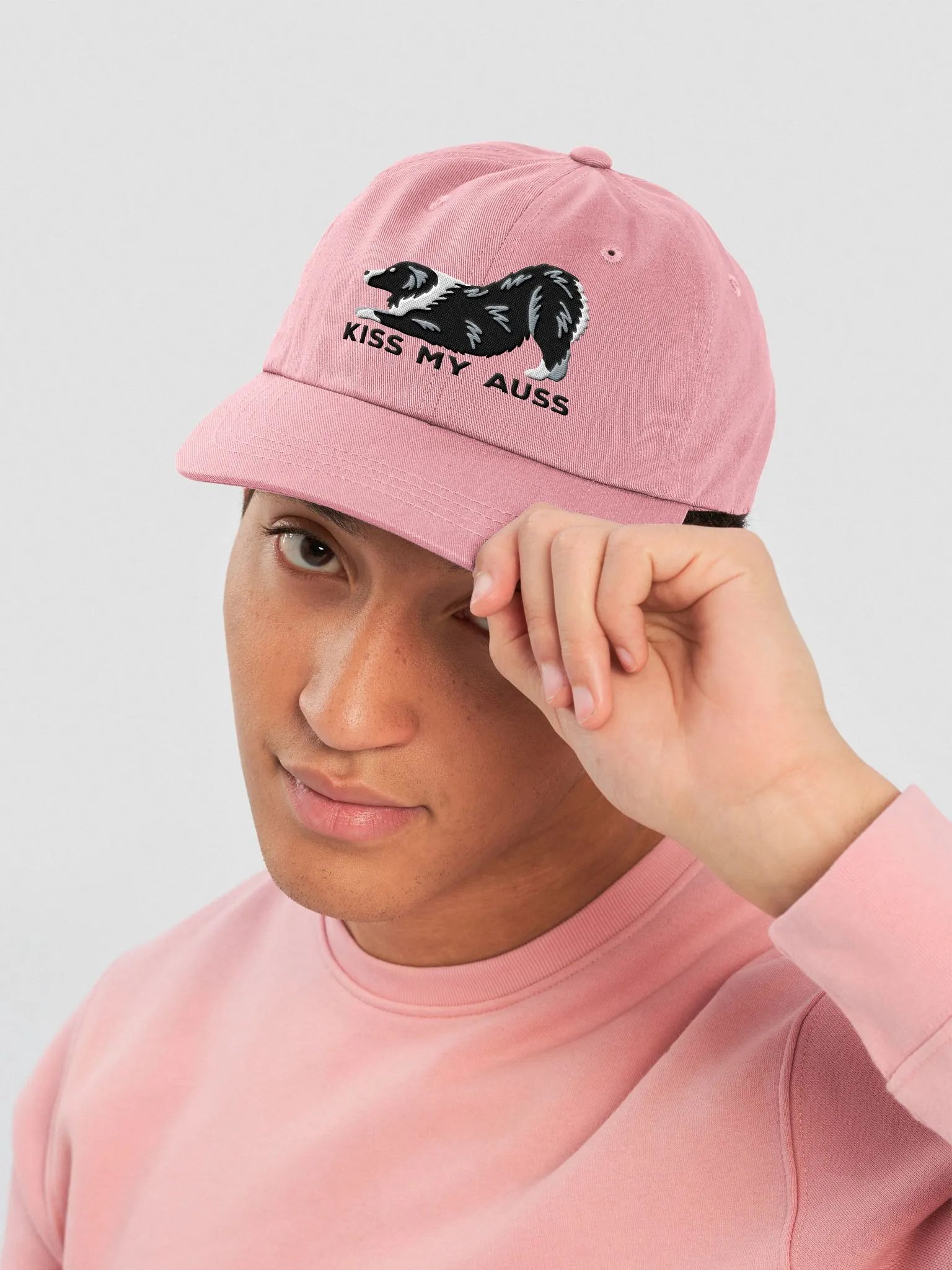 Kiss My Auss Classic Dad Hat(Embroidered) of an Australian Shepherd(Black & White) product image (26)