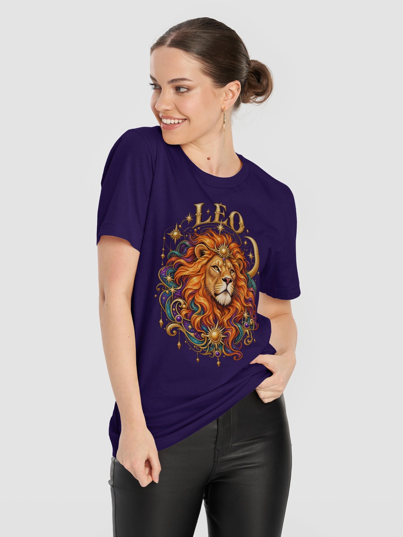 Leo Zodiac T-Shirt With Fiery Celestial Lion Artwork product image (10)