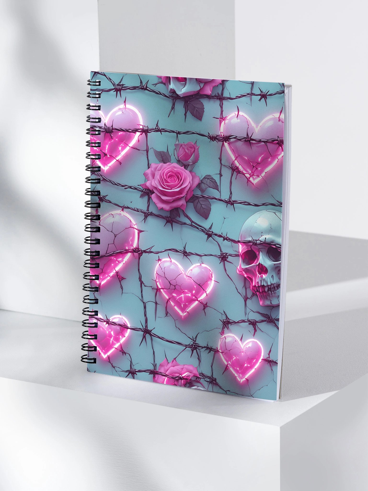 Neon Barbed Rose Heart Spiral Notebook - Glow Pink Hearts & Roses 140-Page Dotted Journal product image (4)