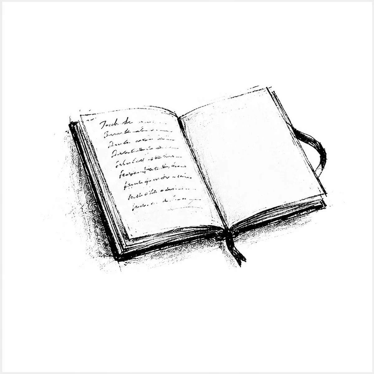 Hand-drawn open book representing books and written stories