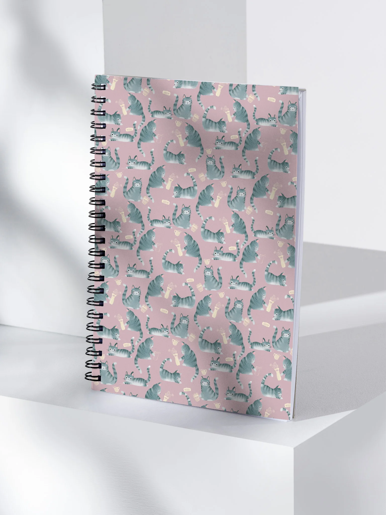 Bad Grey Cats Knocking Stuff Over Pattern Notebook, Pink product image (2)