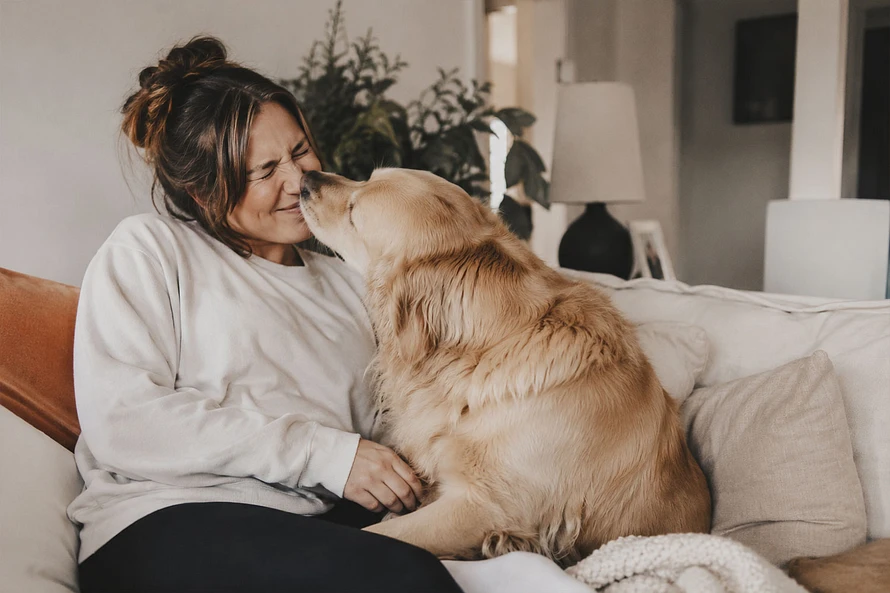 A cozy and relatable lifestyle scene of a dog owner relaxing at home with their dog, capturing everyday moments that only dog lovers truly understand.