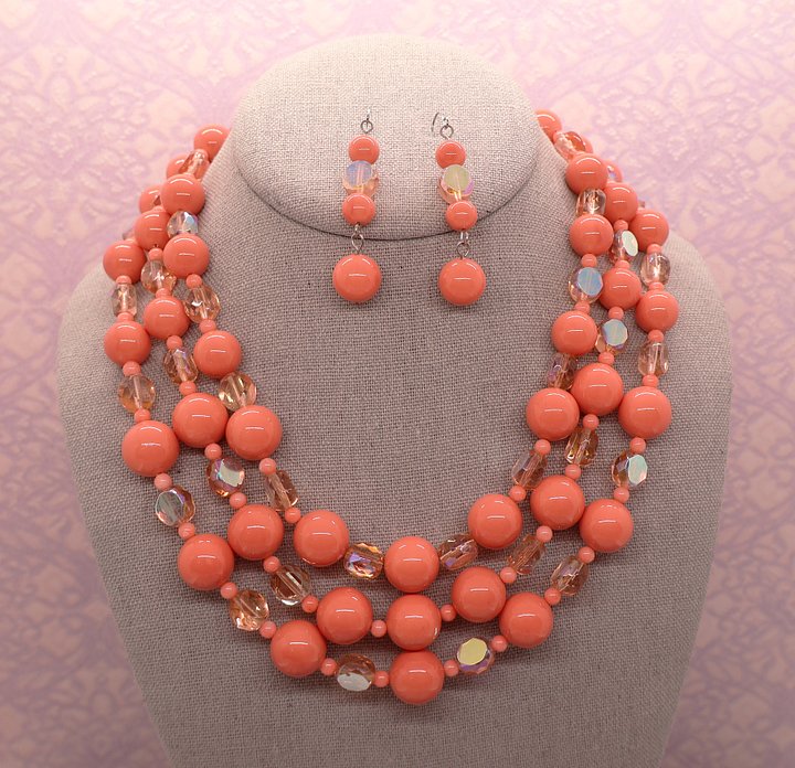 Coral Pink Three Layered Necklace with Earrings product image (2)