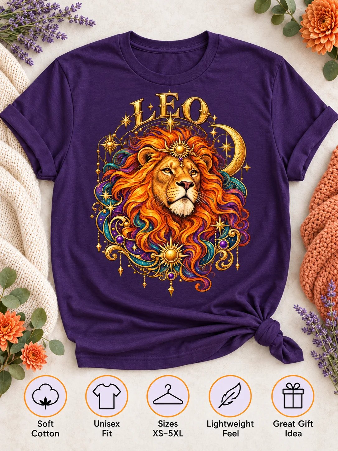 Leo Zodiac T-Shirt With Fiery Celestial Lion Artwork product image (3)
