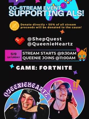 Join us tomorrow @9:30am EST on Twitch to help support the battle against #ALS 🤟 We will be joining the one and only @QueenieHeartz with a plan to bring some massively fun entertainment and also a vehicle for you all to be able to donate and support this ongoing battle!! I hope to see you there! ❤️#alsawareness #fortnite #charity 