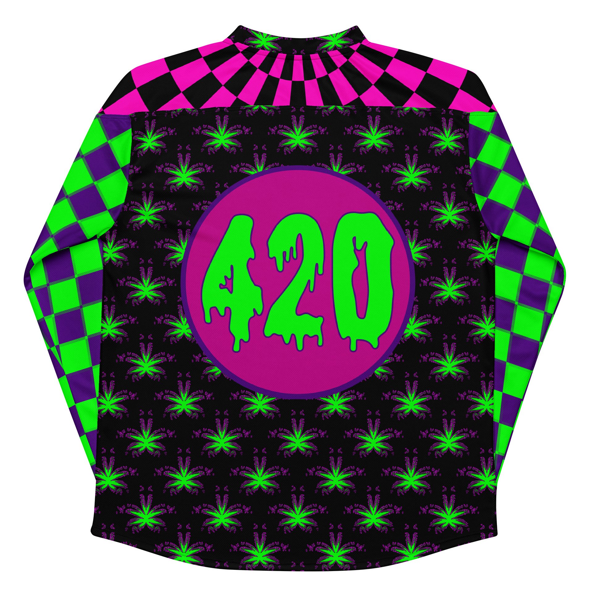 Cannabis 420 Hockey Jersey, Pot Leaf Stoner Clothes, Weird Weed EDM Rave Shirt, Neon 90s Checkers Retro Fashion, Alt Techno Dance Party Wear product image (8)