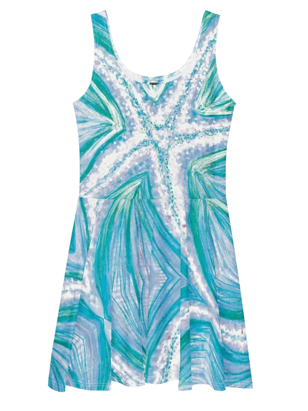 Bright Cyan Starfish Skater Dress | Ocean-Inspired Sleeveless Fit & Flare Dress | Monique Faella Designs™ product image (9)
