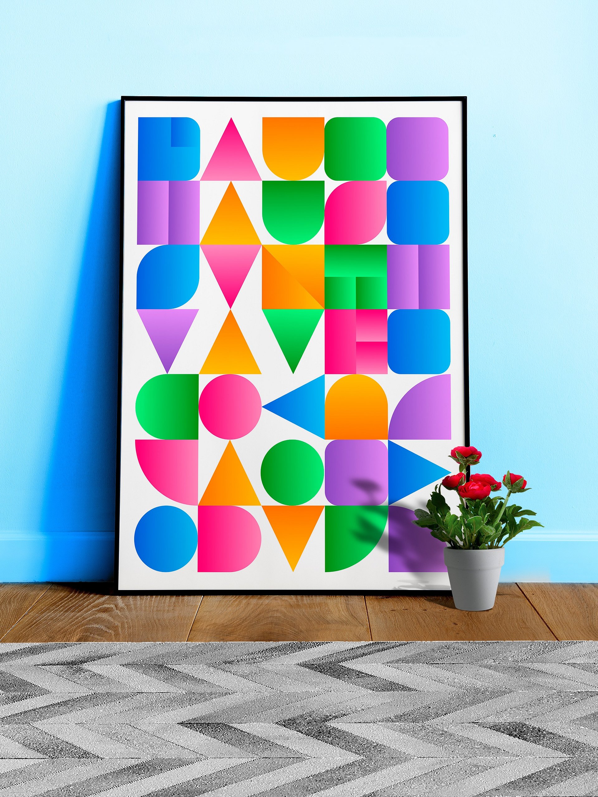 Synthwave Bauhaus Rainbow poster #2 (pink-blue-yellow) — abstract poster, retrowave print, vaporwave geometric art, 1980s print, 1930s decor product image (1)