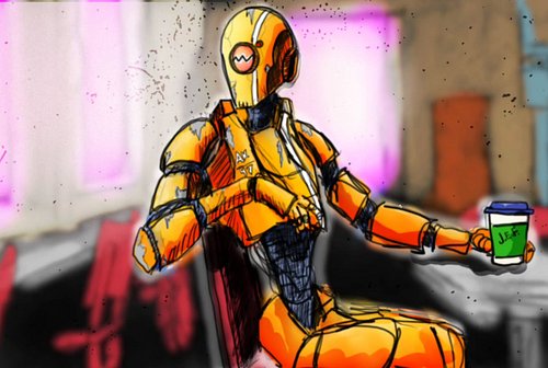 J.E.F. enjoying a cupa Joe. #robot #art #digitalartist