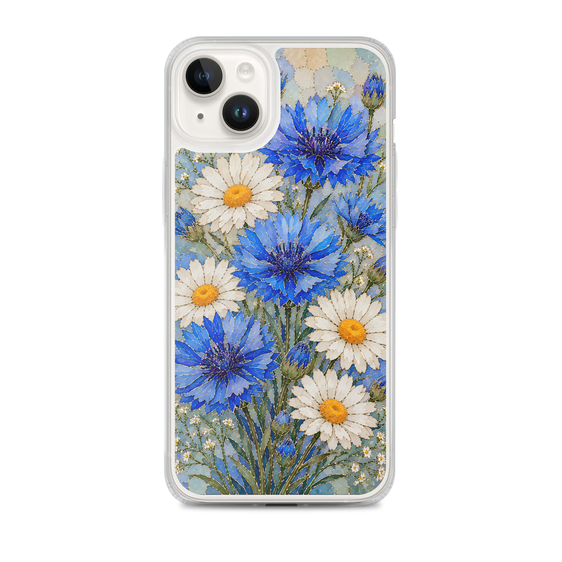 Blue Cornflower And White Daisy Mosaic Premium Soft Silicone iPhone Case - MagSafe Compatible product image (1)